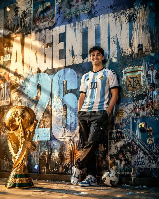 Ultra-realistic sports advertising poster featuring a young Argentine football supporter wearing the