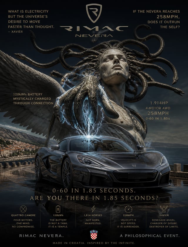 Create a spiritually unsettling premium automotive poster of 