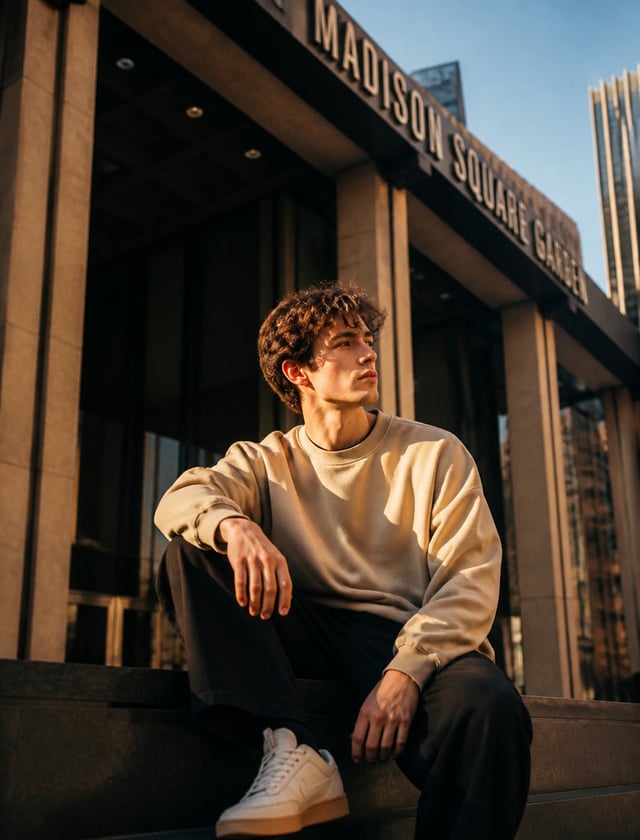 Create a cinematic lifestyle portrait of a stylish young man sitting casually on the edge of the ent