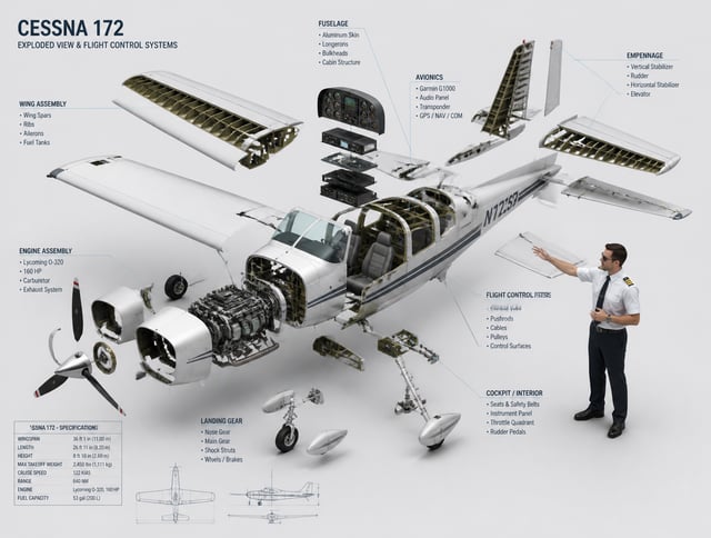 High-end 3D CAD exploded view diagram of a Cessna 172, designed for CPL pilot training and technical
