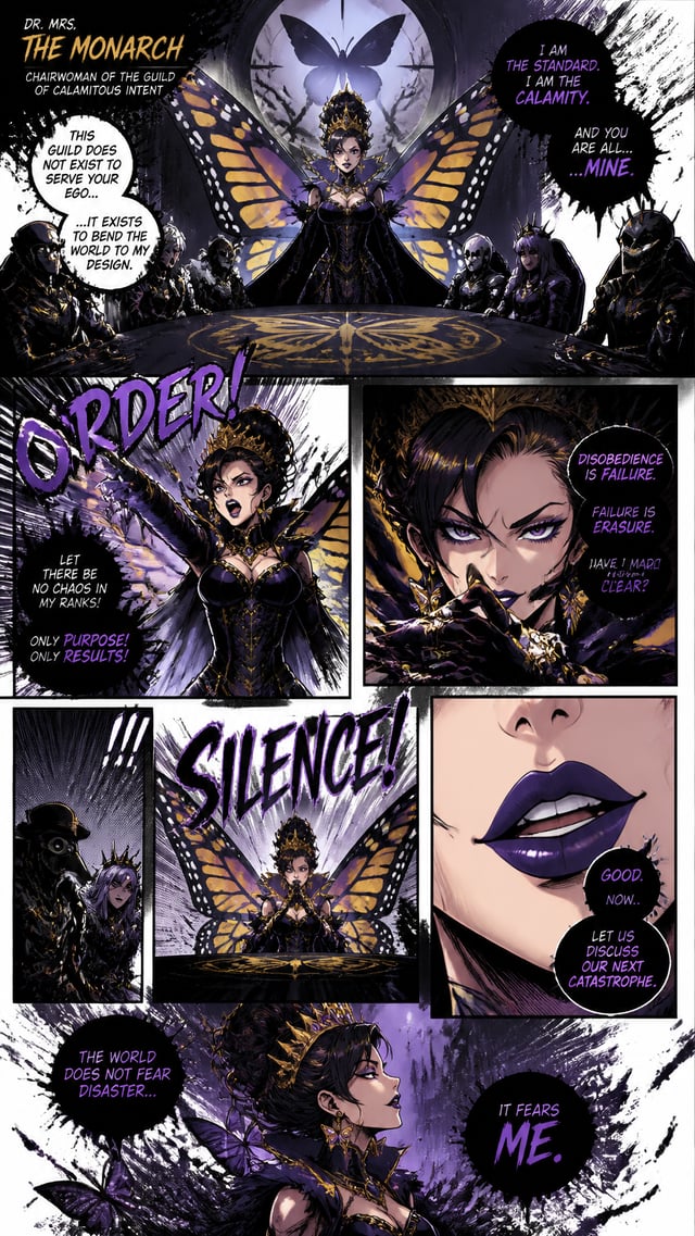 Dr. Mrs. The Monarch: Guild Council ShowdownCreate a full-page colored manga illustration of Dr. Mrs