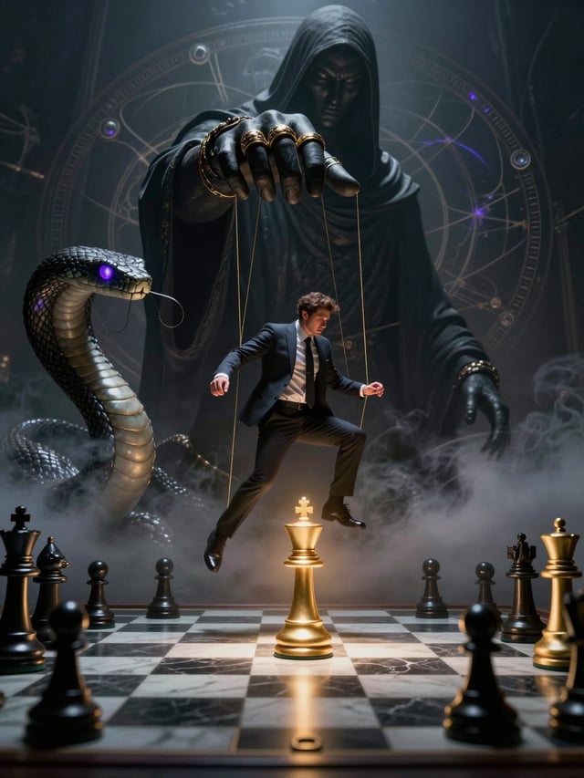 A colossal, hooded deity looms in the background, its massive hand descending to manipulate a busine