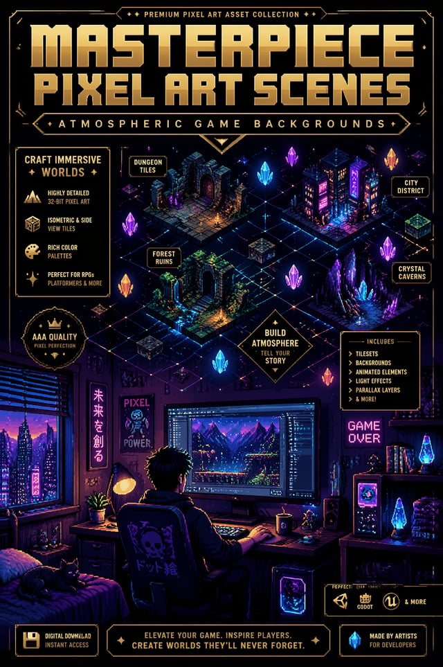 A complex, maximalist advertising masterpiece designed like a premium retro arcade flyer. The lower 