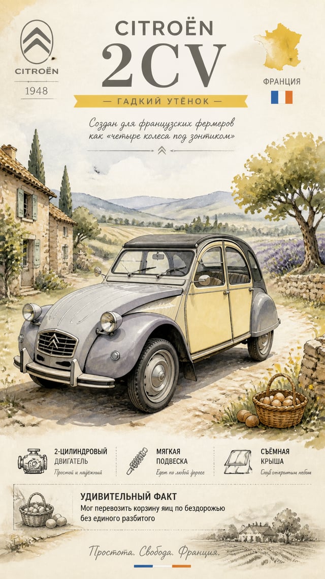 Ситроен 2CV (1948) — акварельная французская иллюстрация