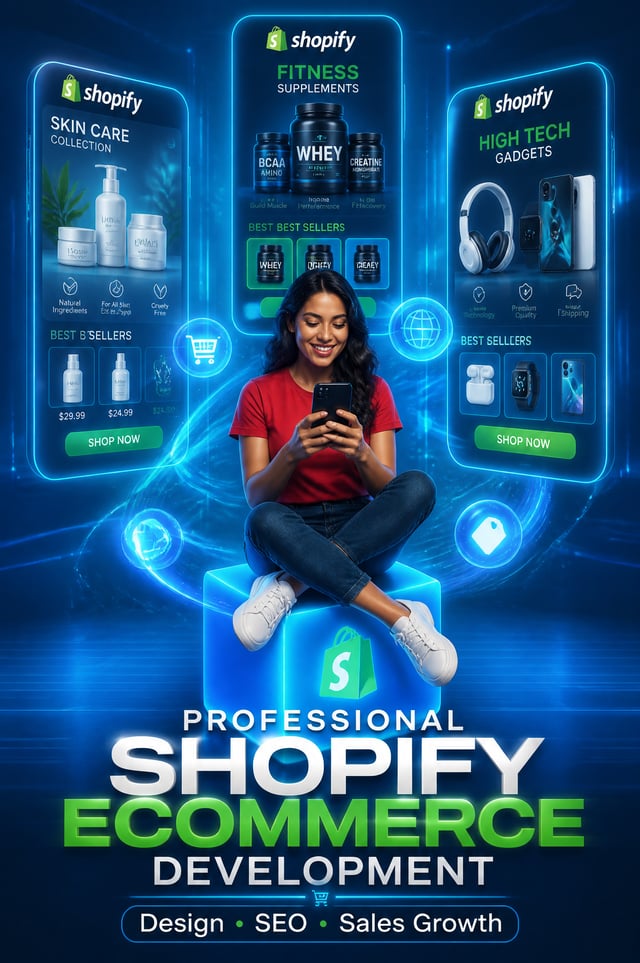 Futuristic promotional image in a vibrant cyan-blue studio environment featuring a young woman with 