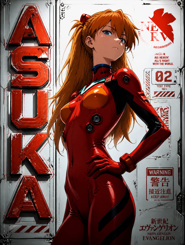 A cinematic vertical graphic poster of the character ASUKA, from the anime series "NEON GENEGIS EVAN