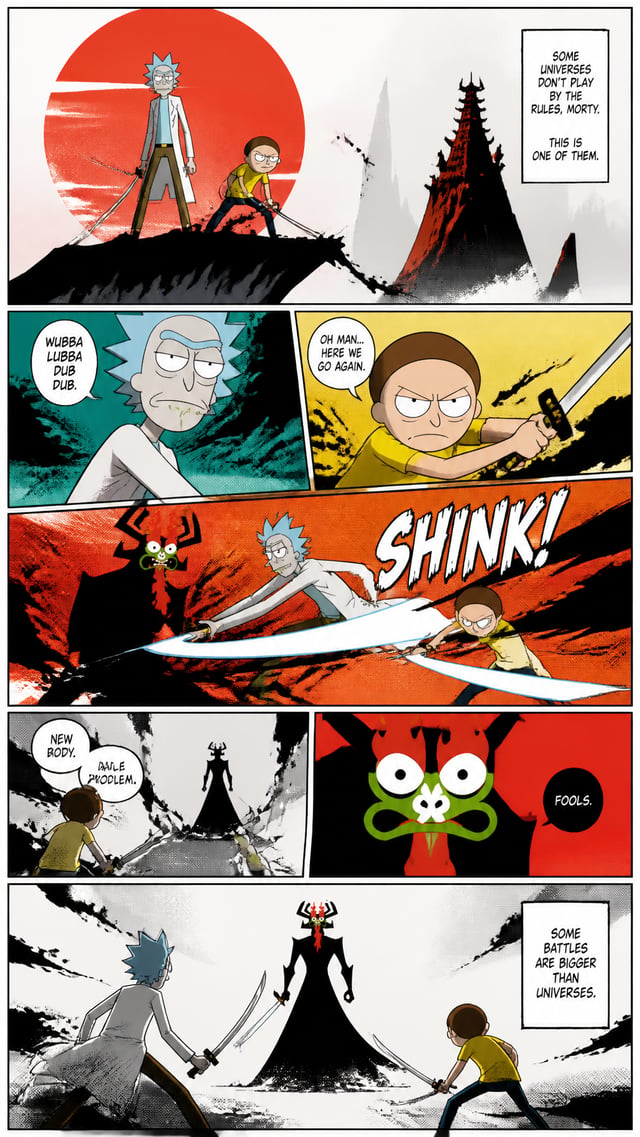 Full-page colored manga illustration blending Rick and Morty with the art style of Samurai Jack. 5–7