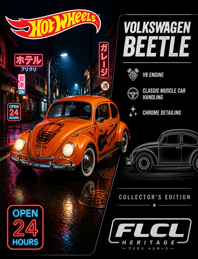 The image is a promotional poster for a Hot Wheels collector's edition of Volkswagen Beetle. The bac