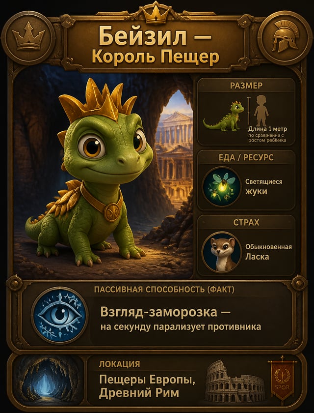 Карточка персонажа детской MOBA, стиль Pixar 3D. Маленький зеленый ящер Василиск с забавным золотым 