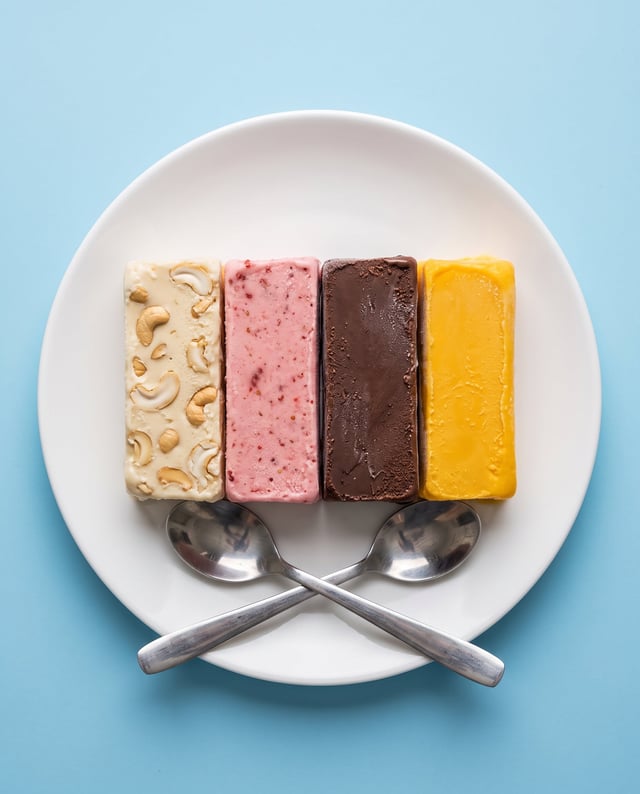 A quartet of rectangular kulfi slices, featuring distinct flavors of cashew-studded cream, strawberr