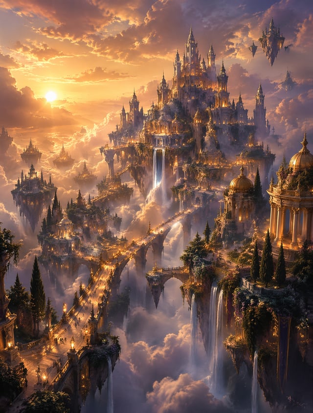 Create an epic fantasy city floating high above the clouds at dusk. Show glowing bridges, layered to