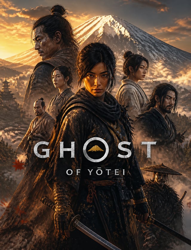 Create a cinematic official-style cover artwork for the video game Ghost of Yōtei. Feature Atsu as t