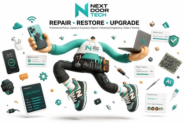 Create a lovable exaggerated cartoon Next Door Tech technician with a tiny head, round chubby body, 