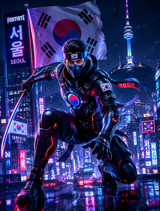 South Korea Fortnite Cyber NinjaКапитан Южной Кореи как кибер‑ниндзя Fortnite, неоновые сине‑красные