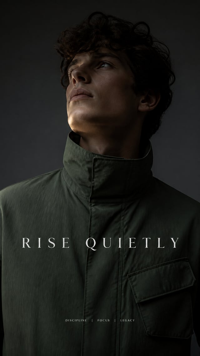 Premium fashion editorial.Main Subject: Male model wearing a dusty moss-green jacket.Creative Direct