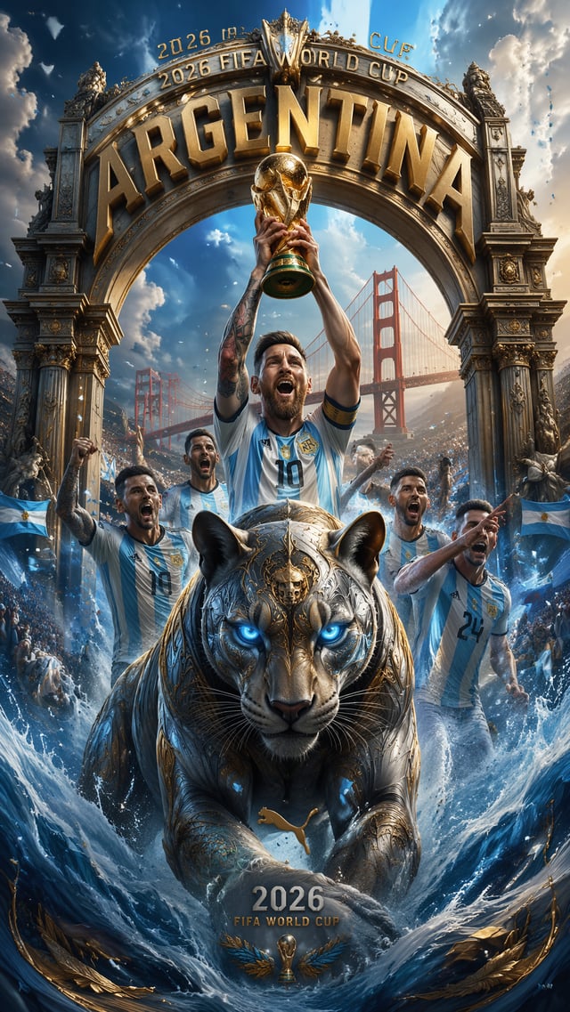 An epic cinematic poster for the 2026 World Cup. Foreground: a giant, ornate, metallic Puma emerging