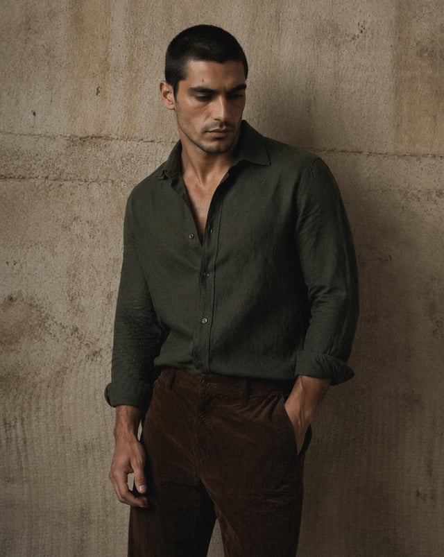 use reference image. medium shot of a man standing in front of a beige concrete wall. He is wearing 