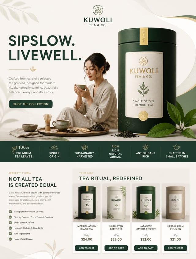 Create a premium luxury advertising poster for "KUWOLI Tea & Co." that blends Japanese tea culture, 