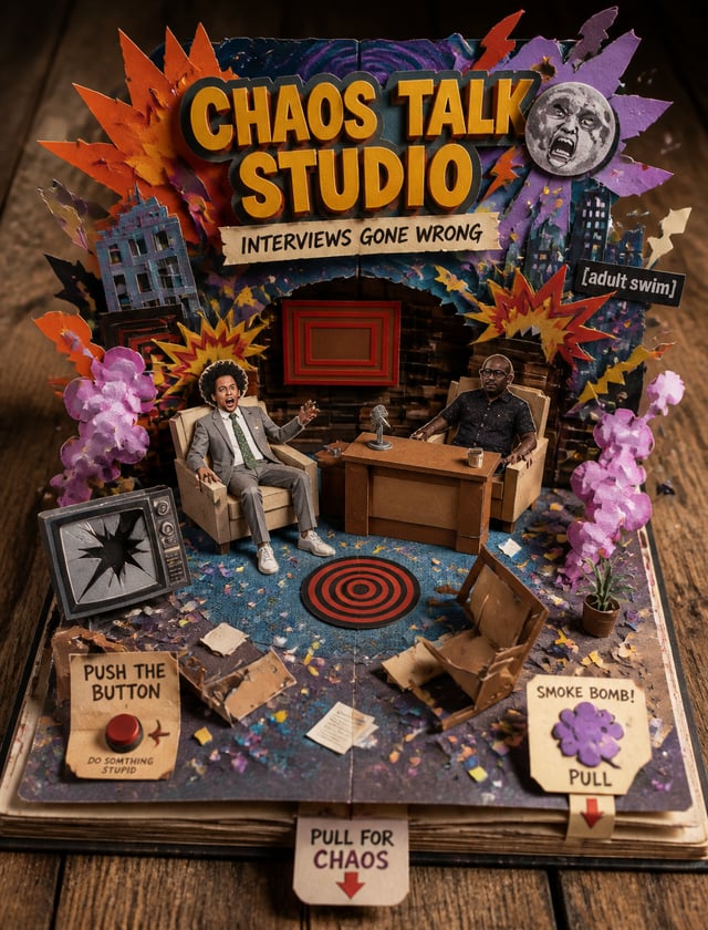 Create an Eric Andre Show-themed 3D pop-up papercraft storybook diorama on rustic table, elevated vi