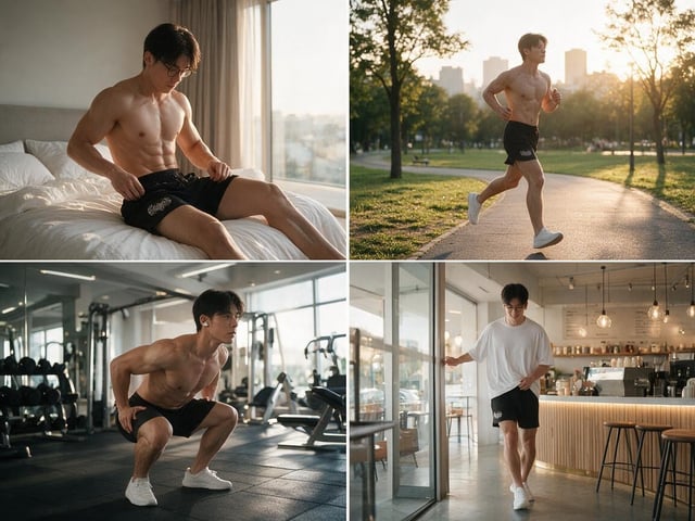 0s-3s: the character in reference image 2 A fit young Asian man wakes up in a modern minimalist apar