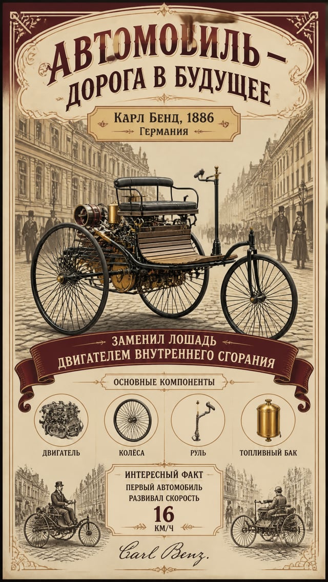 Автомобиль (Карл Бенц, 1886) — винтажная реклама начала XX века