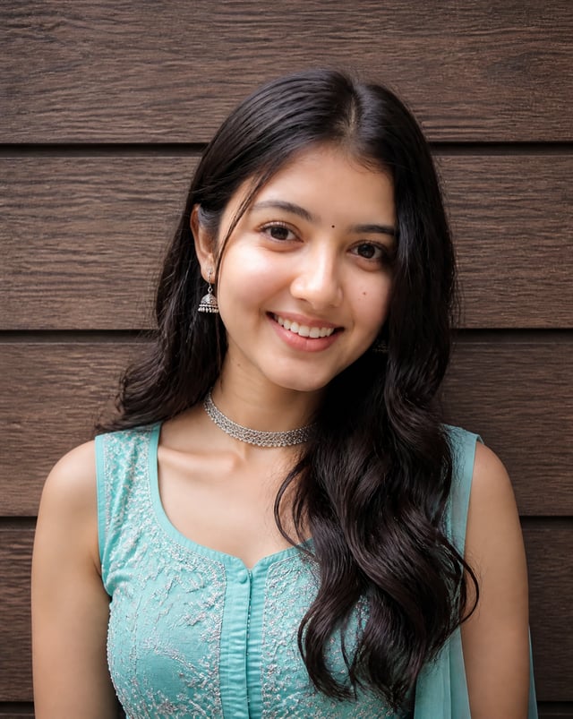 A young woman with natural, dark wavy hair is centered in a medium shot, wearing a bright turquoise 