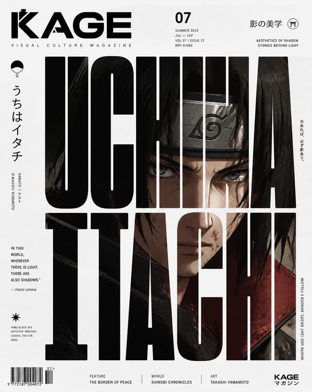 Create a premium minimalist editorial magazine cover featuring [Character] from [Series]. The portra
