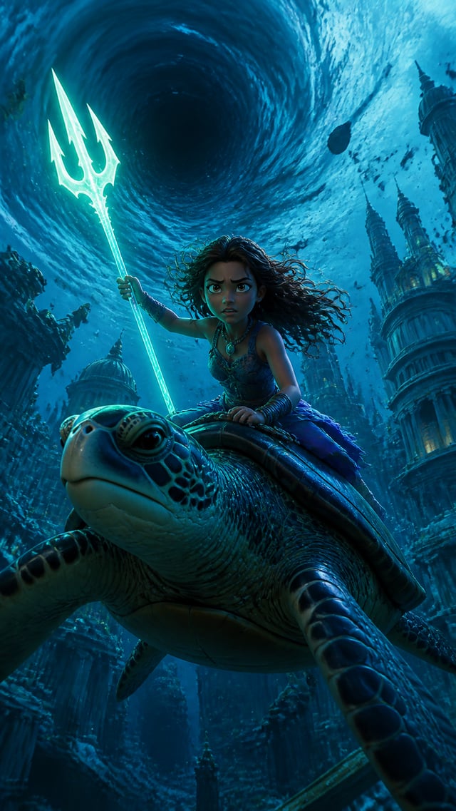 A teenage girl rides a giant sea turtle through an underwater city being destroyed by a dark whirlpo