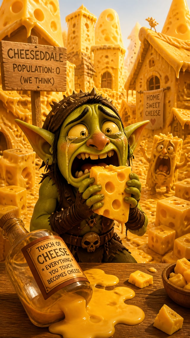 A chaos goblin accidentally drinks a potion that makes everything he touches turn into cheese, entir