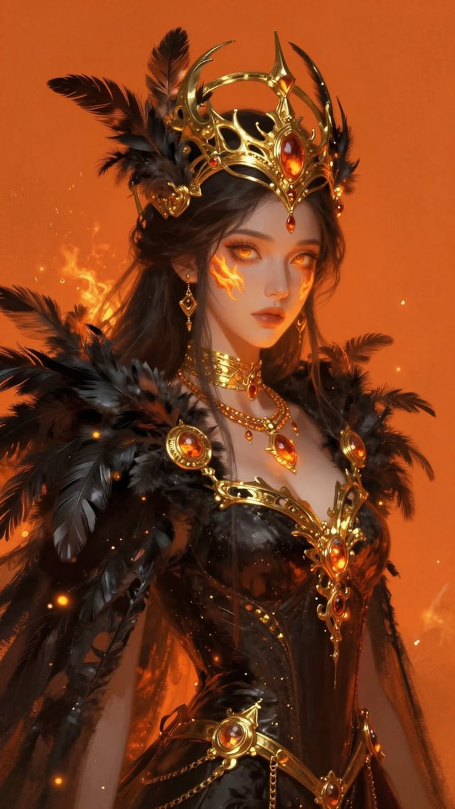 A regal queen with glowing amber eyes and ethereal flame-like markings on her cheek stands against a