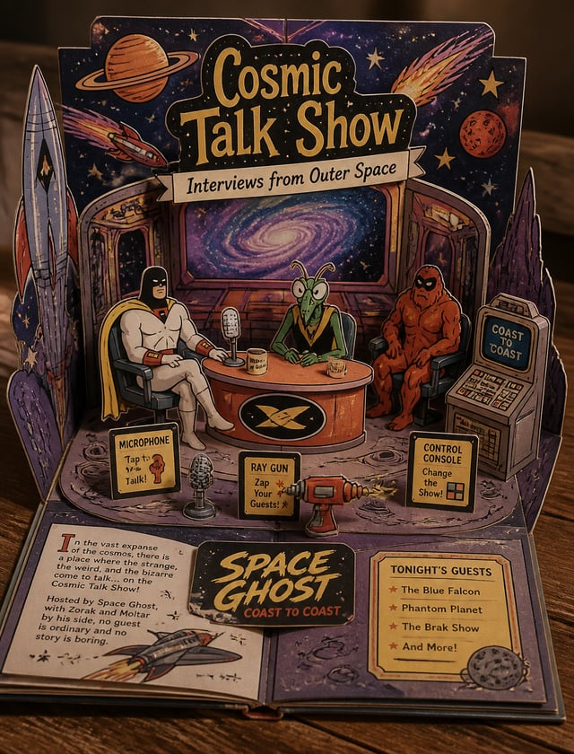 Create a Space Ghost Coast to Coast-themed 3D pop-up papercraft storybook diorama on rustic table, e