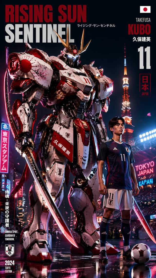 Japan — Takefusa Kubo — Rising Sun Sentinel “9:16 vertical poster of ‘Rising Sun Sentinel’, high‑tec