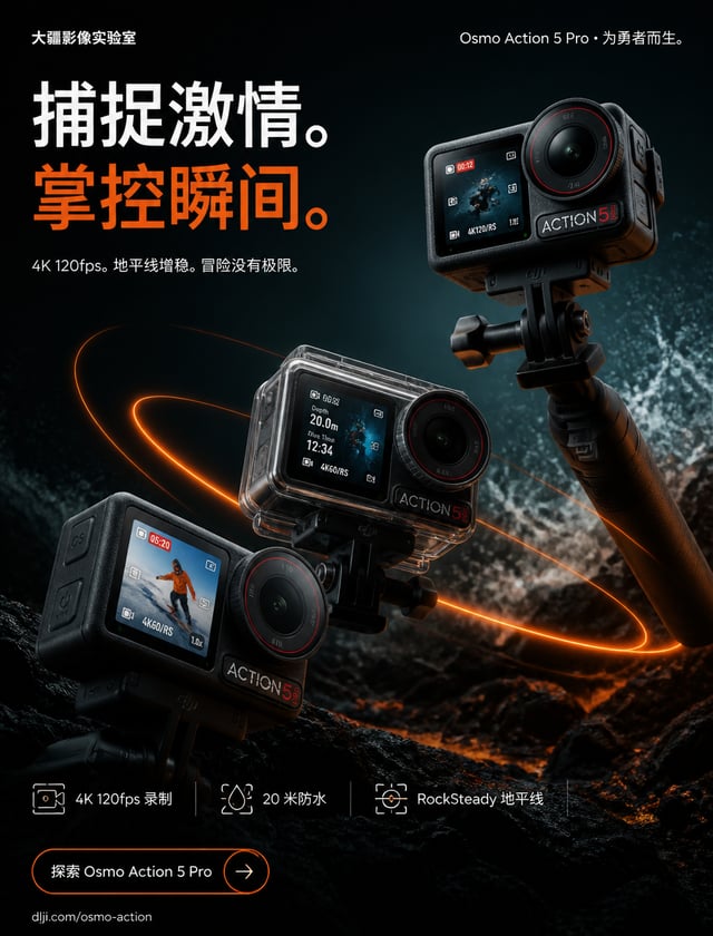 【版式规格】超高端竖版奢华 campaign 海报，8K 电影级产品摄影，大疆级 rugged 科技极简主义，GoPro 级户外广告牌层级。深邃电影级渐变背景：深海青、火山曜石黑、标志性大疆橙，柔和体