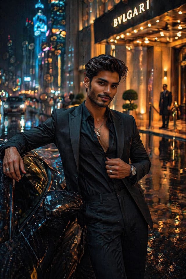 A striking South Asian male fashion model wearing a luxury black tailored suit with an open-collar s
