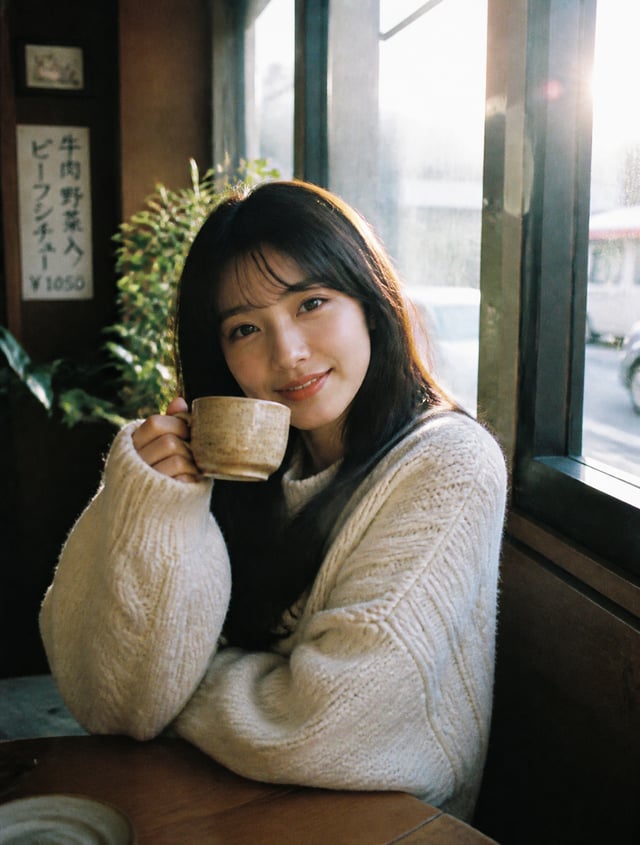 Portrait of a beautiful Japanese woman sitting beside a window inside a cozy Tokyo café in 1994, rel