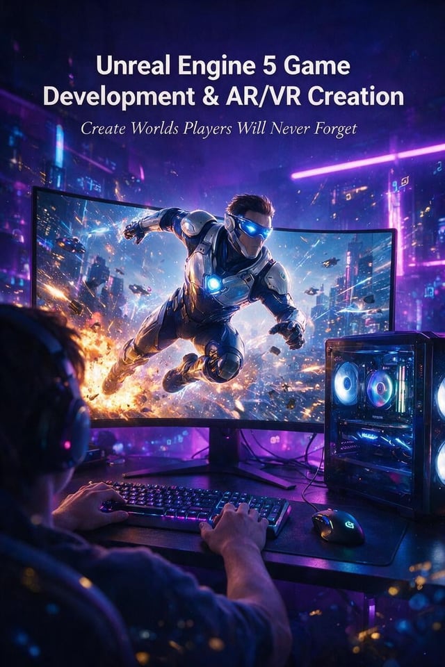 Aspect Ratio: 2:3Epic cinematic promotional image of a gamer at a high-tech gaming setup in a dark r