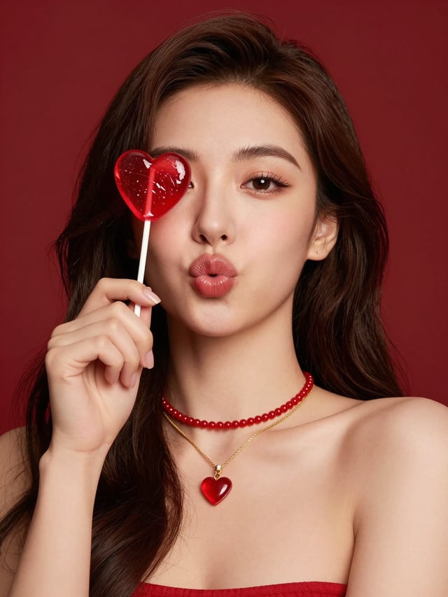 Glamorous studio beauty portrait of an elegant young asian woman with glossy dark brown wavy hair, c