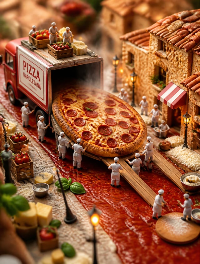 Create an ultra-realistic miniature diorama of a tiny pizza production team preparing a giant freshl