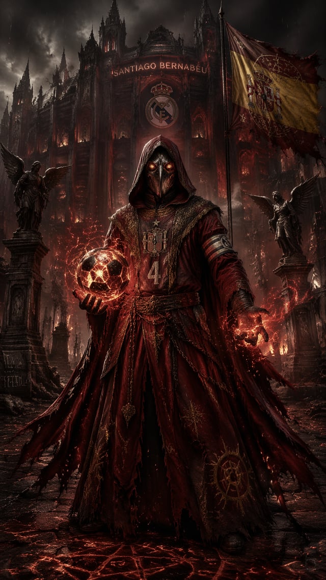 vertical 9:16, Spain national team captain reimagined as a Bloodborne crimson sorcerer,tattered red-