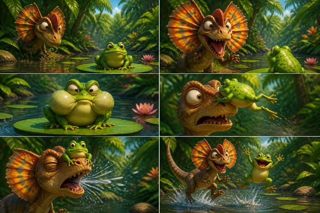 Горизонтальная раскадровка 3x2 (6 панелей). Без текста. Стиль Pixar, яркие тропические джунгли. Перс