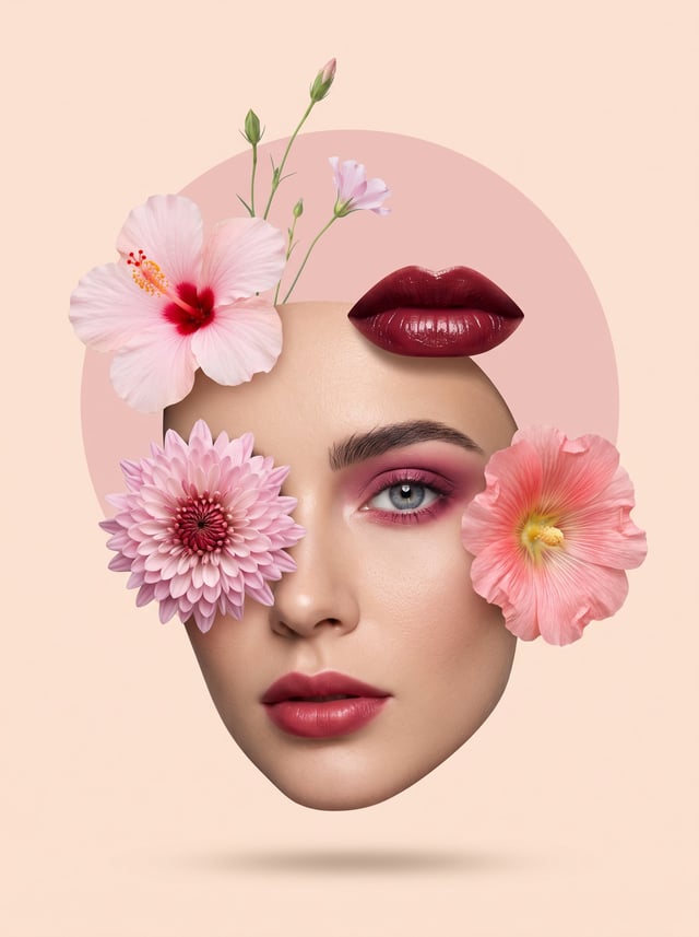 Create a sophisticated surreal beauty-editorial collage in a vertical 2:3 portrait format.Use a smoo