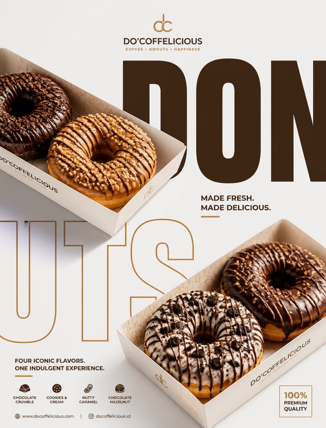 Poster iklan makanan cepat saji premium yang mempromosikan DONAT menggunakan tipografi editorial yan
