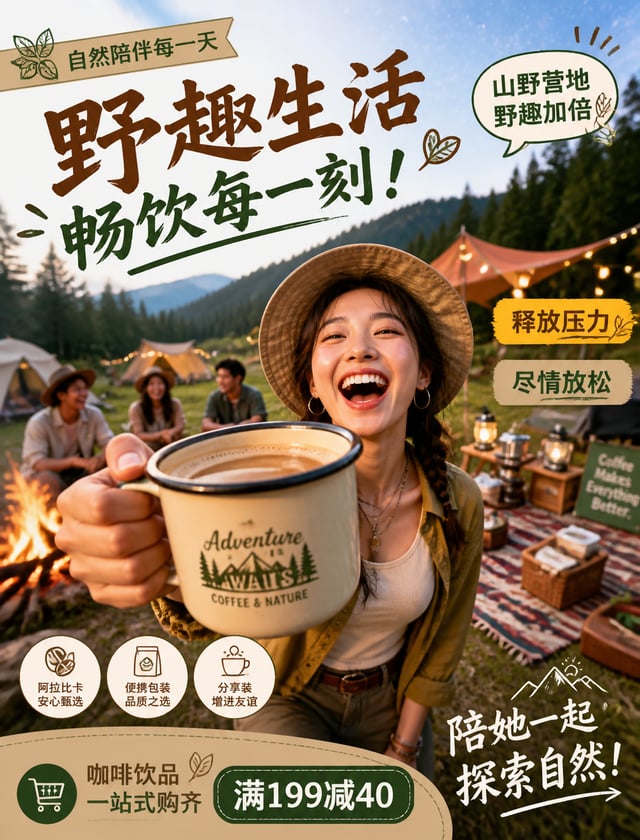 A fashionable girl holding vintage coffee cup laughing heartily on camping grassland, tent and picni