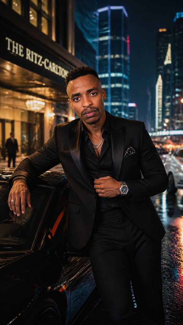 A striking South Asian male fashion model wearing a luxury black tailored suit with an open-collar s
