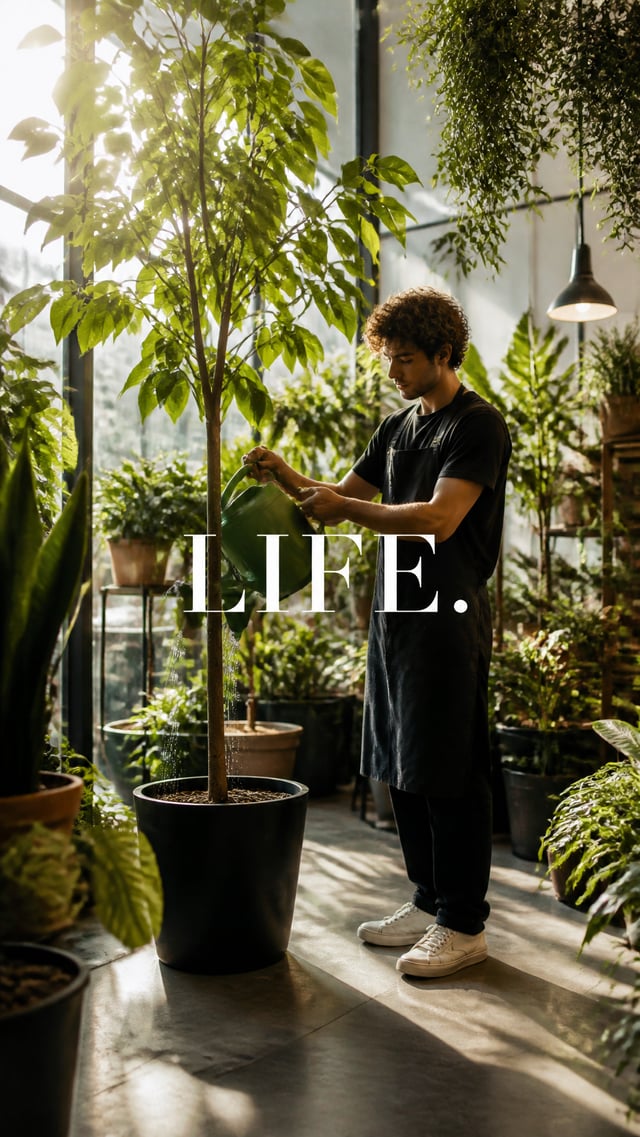 Premium editorial campaign.Main Subject:Young man florist watering tall indoor plants inside a brigh