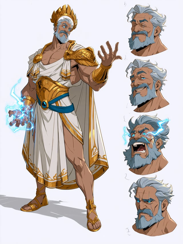 Full body editorial character reference sheet, clean white studio background, classic animation layo