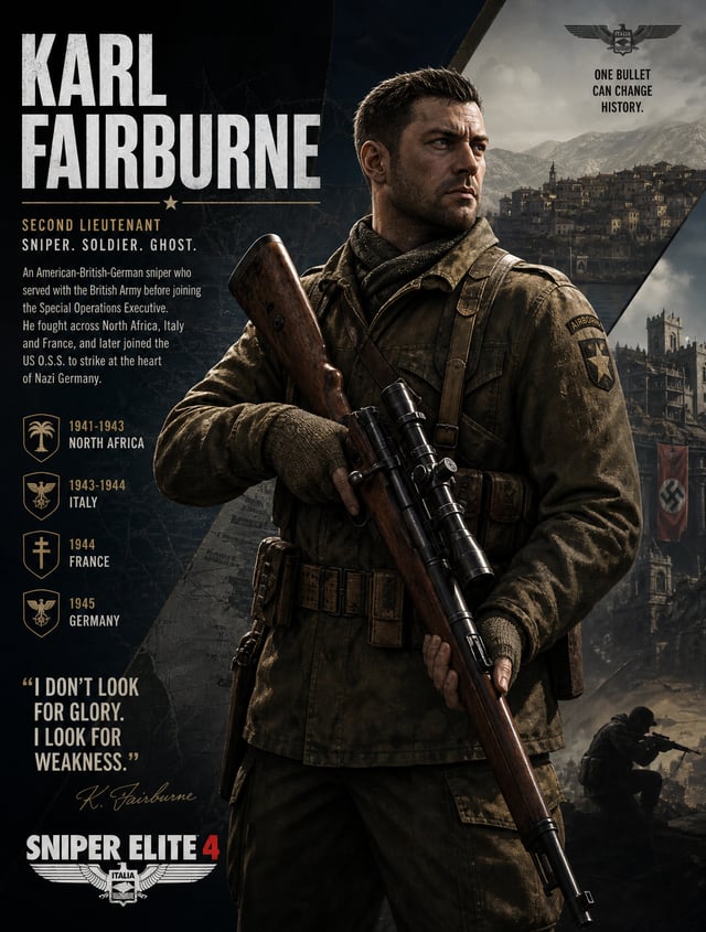 character poster for "Karl Fairburne" from Sniper Elite 4*  Second Lieutenant Karl Fairburne is an A