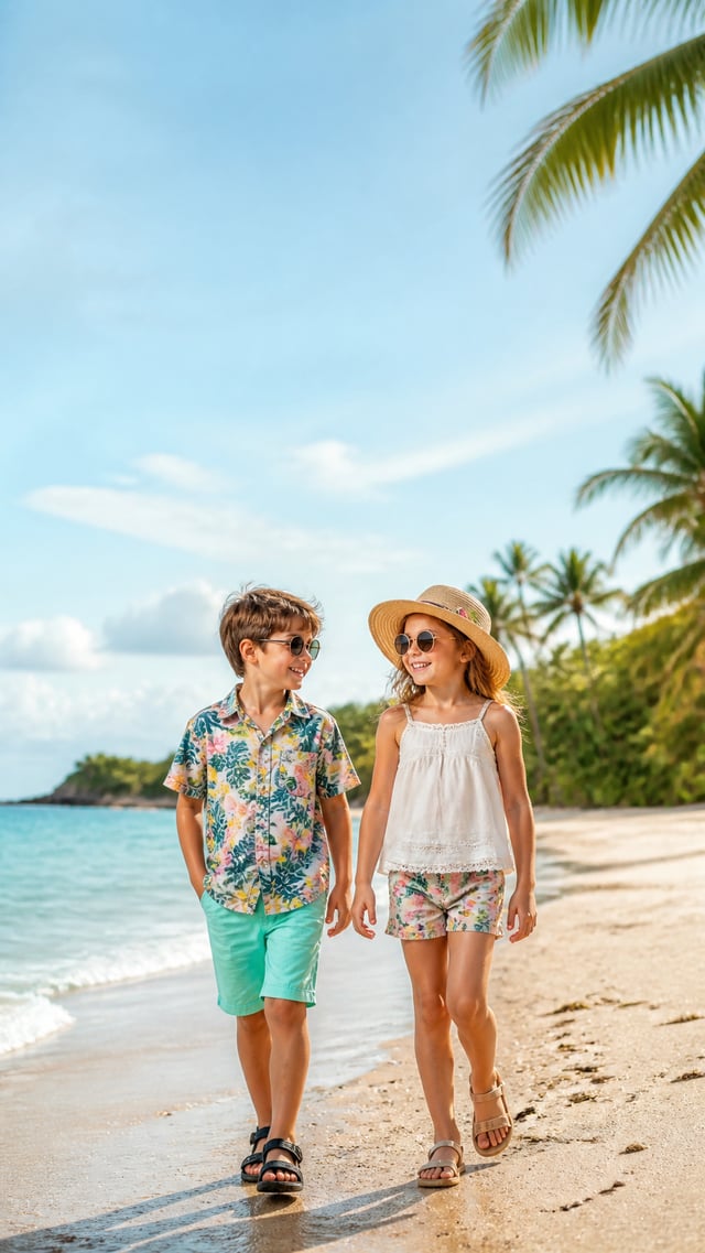 Ultra-realistic luxury fashion campaign featuring two happy kids (boy and girl, ages 5–8) walking al