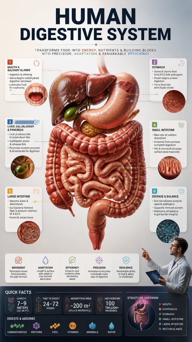 Create a premium vertical educational infographic in 9:16 format about human digestive system.The de