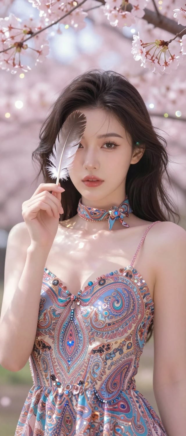 A graceful woman stands in the foreground, holding a single mottled feather before her eye, her gaze